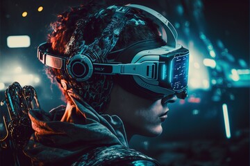 Futuristic concept Man wearing VR Headset generative ai