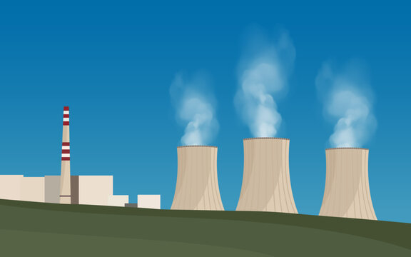 Nuclear power plant banner. Electricity generation production. Power station flat illustration. Nuclear power stations vector illustration