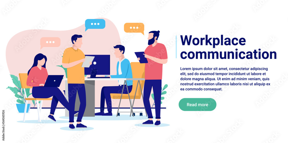 Poster Workplace communication - People in office working, talking and having dialogue together. Flat design vector illustration with white background and copy space for text