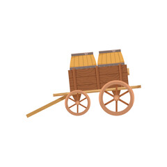 Fototapeta na wymiar Vintage wooden wheelbarrow with barrels vector illustration. Old western farming vehicle or cart from wood with big wheels isolated on white background. Farming, transportation concept
