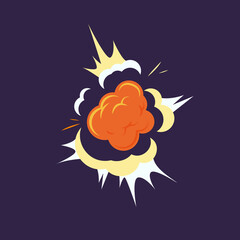 Bomb explosion with smoke cartoon illustration. Explosive effect isolated on dark background. Bang animation, fire, crash concept