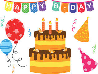 Diverse and bright birthday set, vector illustration