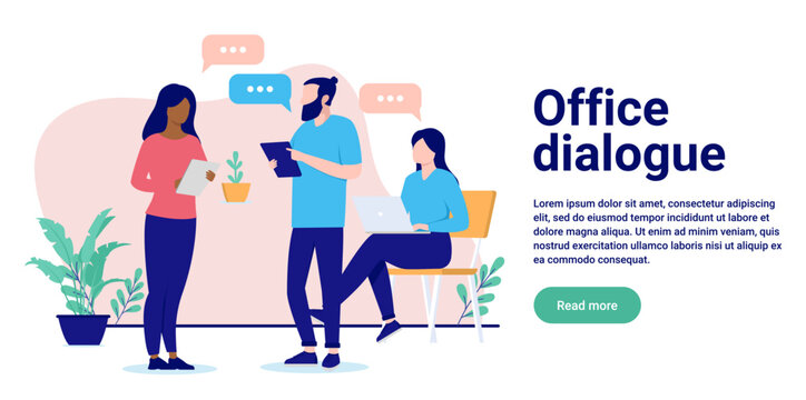 Office Dialogue - Team Of Business People Talking And Having Conversation With Speech Bubbles In Workplace. Flat Design Vector Illustration With White Background And Copy Space For Text