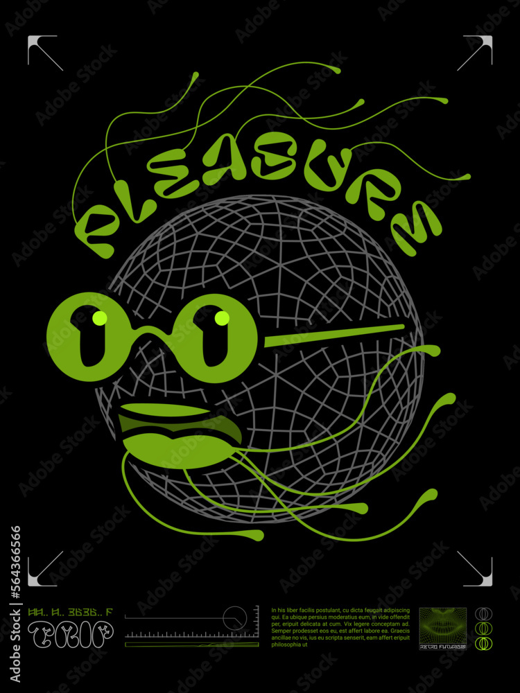 Sticker Modern posters emotion of pleasure in graffiti technology style of Techno, Rave, Electronic music future virtual reality Polygons space shape with connected lines acid. Print isolated black background