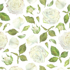 Seamless pattern of white roses, leaves and buds. Watercolor botanical illustration. Isolated on a white background.Hand painting floral print in vintage style.For design of wrapping paper, wallpaper