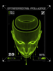 Modern posters face mask technology in the style of Techno, Rave, Electronic music and of the future virtual reality Polygons space shape with connected lines acid. Print isolated on black background - obrazy, fototapety, plakaty