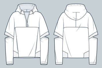 Unisex Hoodie technical fashion illustration. Hoodie Sweatshirt fashion flat technical drawing template, pocket, zip-up, front and back view, white, women, men, unisex CAD mockup. © Liubov Hladka