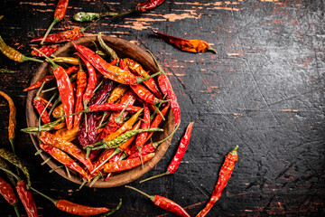 Wooden plate with dried chili peppers. 