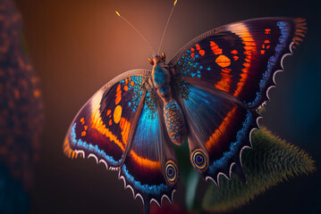 Fototapeta na wymiar Macro illustration of a colorful butterfly sitting on a leaf of a plant, generative AI