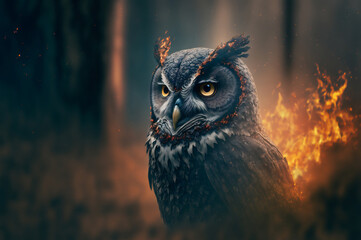 Burning forest due to drought and bonfire from people. Burning owl portrait. Concept protect nature from fire. Generation AI