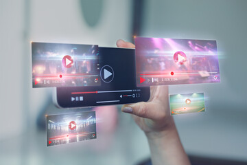 live video content online streaming marketing concept.close-up of Hands holding mobile phone - obrazy, fototapety, plakaty