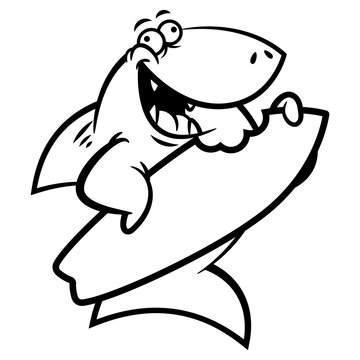 Cartoon Illustration Of Funny Shark Carrying A Surfboard With Its Bite Marks. Best For Outline, Logo, And Coloring Book With Beach Themes For Kids