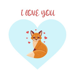 Cartoon happy fox. Loving red fox. Valentine's Day. Template for a greeting card, congratulations.