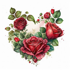 Valentines day card, heart made of roses. Watercolor illustration of red flowers bouquet on white background. Ai generated