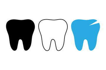 Teeth flat icon set on a white background. Black tooth in a flat style, linear tooth and dental icon in blue color