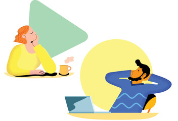 Two isolated characters relaxing at their desk. Isolated flat vector illustrations. Pensive woman sitting at her desk with a mug. Pensive man at his desk in front of his laptop.Characters thinking.