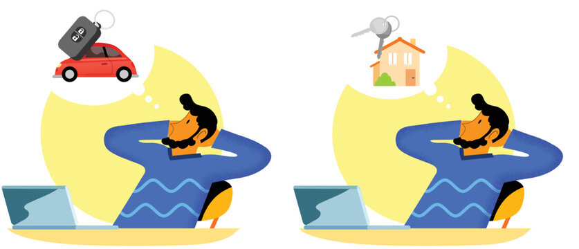 Man with thought bubble isolated flat vector, concept of dreaming to buy a car and a house. Life planning. Man at his desk in his thoughts.