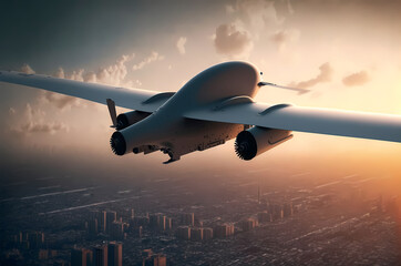Modern military drone on city background, sunset light. Generation AI