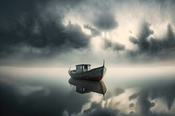 a boat sitting on top of a body of water under a cloudy sky, seascape, calmness, minimalism, art illustration