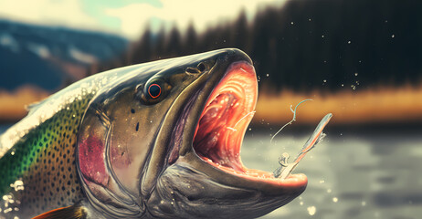 Fishing sport. Trout fish in hands of fishermen. Generation AI. - obrazy, fototapety, plakaty