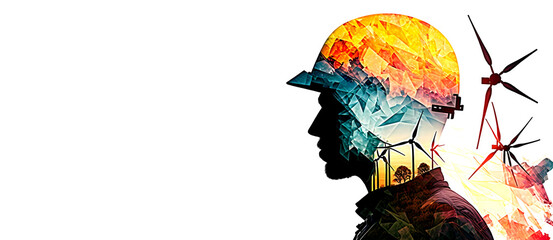 Double exposure arts, Future factory green energy industry concept. Silhouette engineer worker with electric windmill for eco power. Generation AI