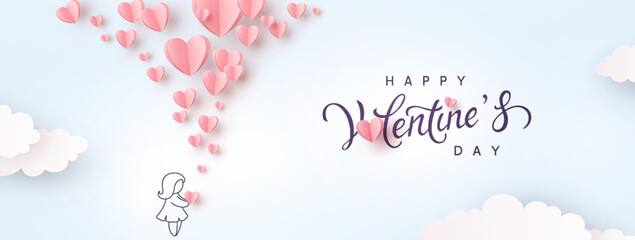 Fototapeta na wymiar Valentine's Day postcard with paper flying elements and girl on sky background. Romantic poster. Vector symbols of love in shape of heart for greeting card design
