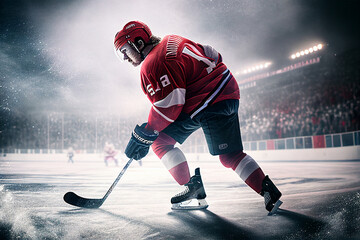 Athlete in action. Professional hockey player in the helmet and gloves on ice. Ice hockey rink arena. Sports emotions. Dramatic wide shot, cinematic lighting. Generative AI