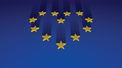 3D European Union flag with heart shaped stars. Europe nations united. Europe flag with spotlight light effect.