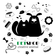 Vector logo design template for pet shops, black and white cat, dog and toys icons.
