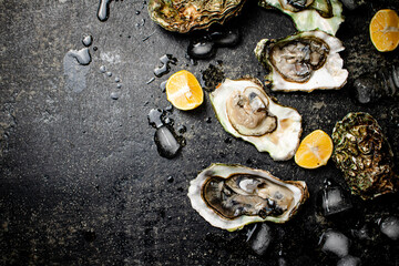 Oysters with pieces of ice and lemon. 