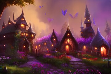 Fototapeta na wymiar Magic elven house with fairy tale mushroooms and flowers, mystical forest, glowing lights, dreamland