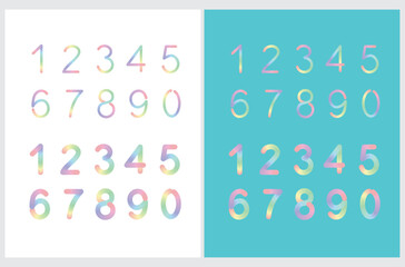 Set of Rainbow Color Numbers Isolated on a White and Turquoise Blue Background. Pastel Color Numbers ideal for Poster, Wall Art. Normal and Bold Multicolor Funny Font. Set of Numbers.