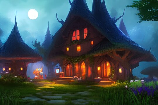 Magic elven house with fairy tale mushroooms and flowers, mystical forest, glowing lights, dreamland