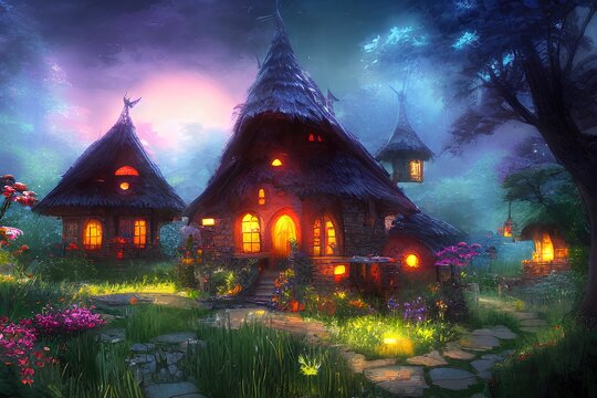 Magic elven house with fairy tale mushroooms and flowers, mystical forest, glowing lights, dreamland