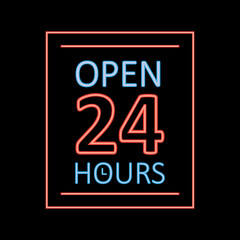 open 24 hours sign vector. display illustration. 24 7 company. service hours. neon text and number. sign for shops and businesses. 