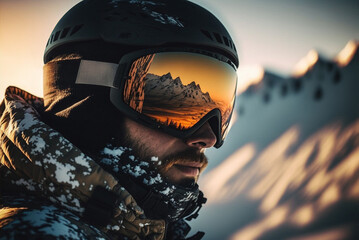 Snowboarder portrait wearing snow goggles with mountains reflection. Generative AI - obrazy, fototapety, plakaty