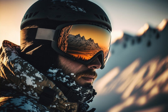 Snowboarder portrait wearing snow goggles with mountains reflection. Generative AI