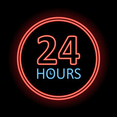 24 hours sign vector. display illustration. neon text and number. sign for shops and businesses. 24 7 company. service hours.