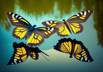 Beautiful butterflies above the surface of the river at sunrise. Generative Al Illustration