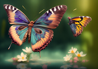 Beautiful butterflies above the surface of the river at sunrise. Generative Al Illustration