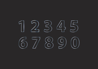 outline of numbers zero to nine. numbers to use in events, ceremonies, counts, business, displays. chrome texture. blue color. numbers for games, movies.