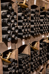 Old dusty bottles of red rioja wine in cellars, wine making in La Rioja region, Spain