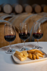 Tasting of rioja wines, visit of winery cellars with french or american oak barrels with agening red wine, Rioja wine making region, Spain