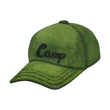 Watercolor green baseball cap, hat protects the head from the sun. Hand-drawn illustration isolated on white background. For design compositions on the theme of tourism, hiking, camping, traveling