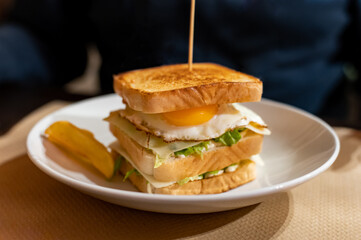 Vegetarian club sandwich with white bread, egg, green lettuce and cheese