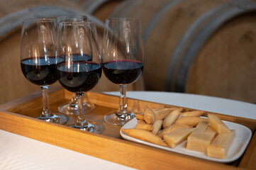 Rioja red dry wine tasting with traditional Spanish tapas during visit of winery in Rioja Alavesa wine production region, Spain