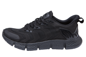 One black summer sneaker made of mesh fabric and leather, with a black sole, on a white background, isolate