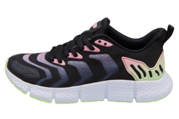 Black sports shoes made of combined fabric and leather, on a white background, isolate