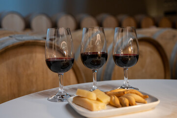 Tasting of rioja wines, visit of winery cellars with french or american oak barrels with agening red wine, Rioja wine making region, Spain