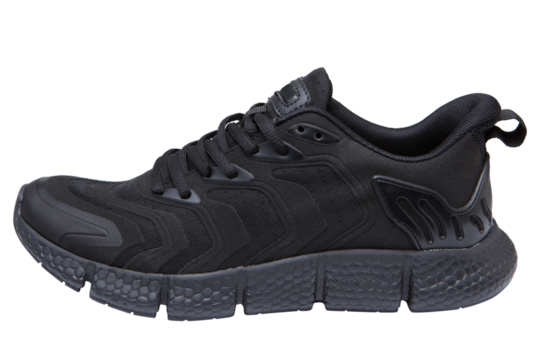 One black summer sneaker made of mesh fabric and leather, with a black sole, on a white background, isolate